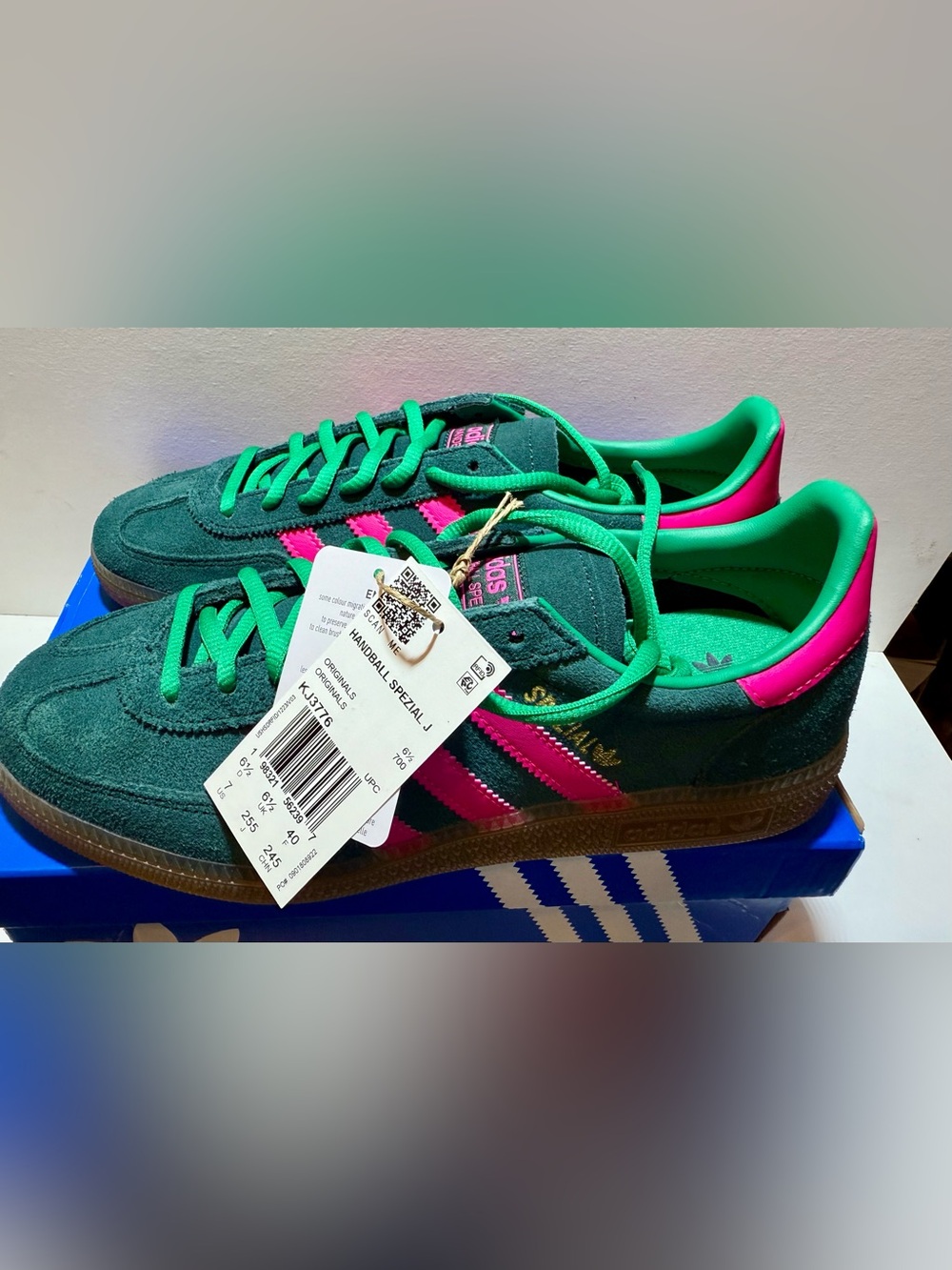 adidas Green Suede Sneakers with Pink Stripes
